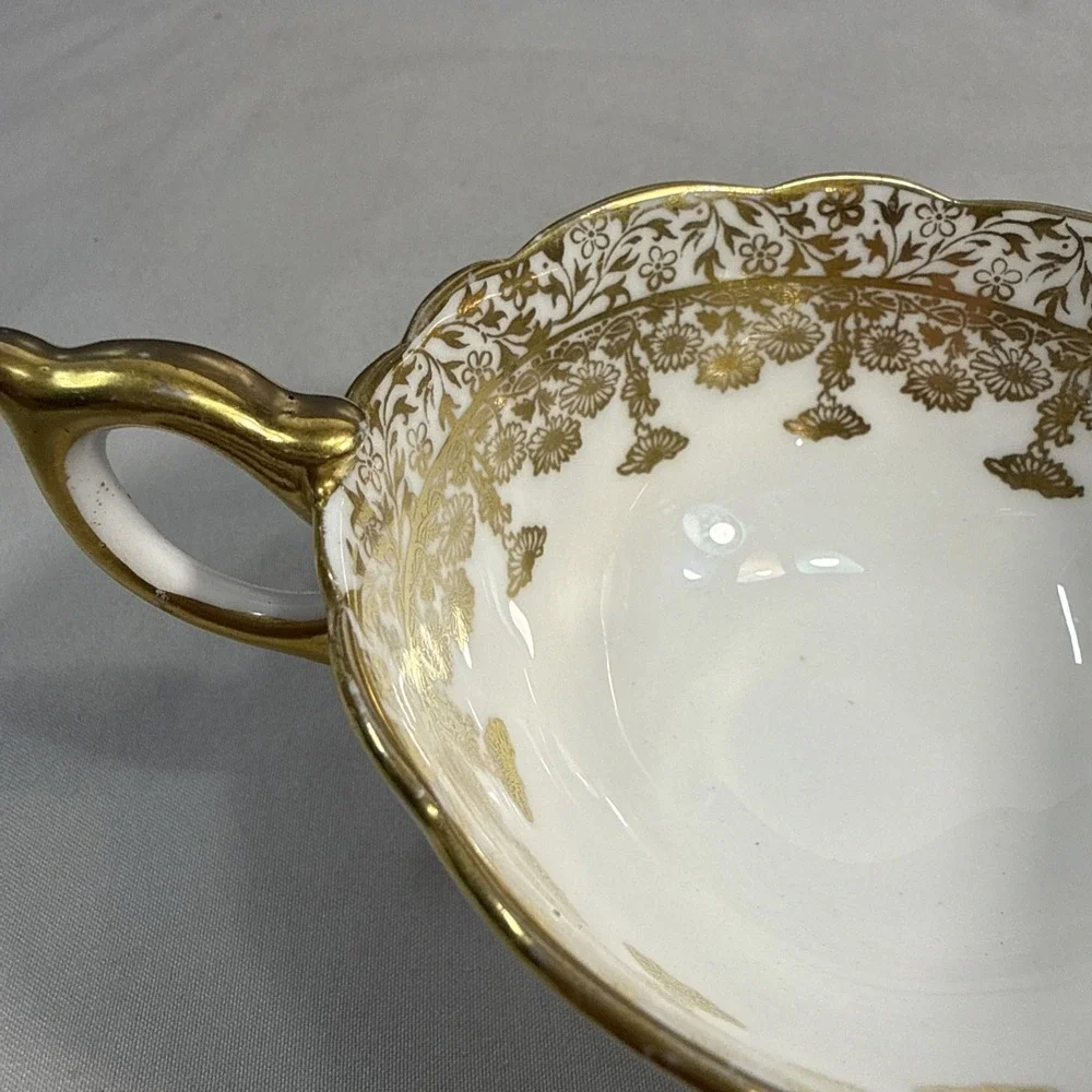 Vintage Royal Stafford 8345 Bone China Teacups White Gold Floral Pair 2 England